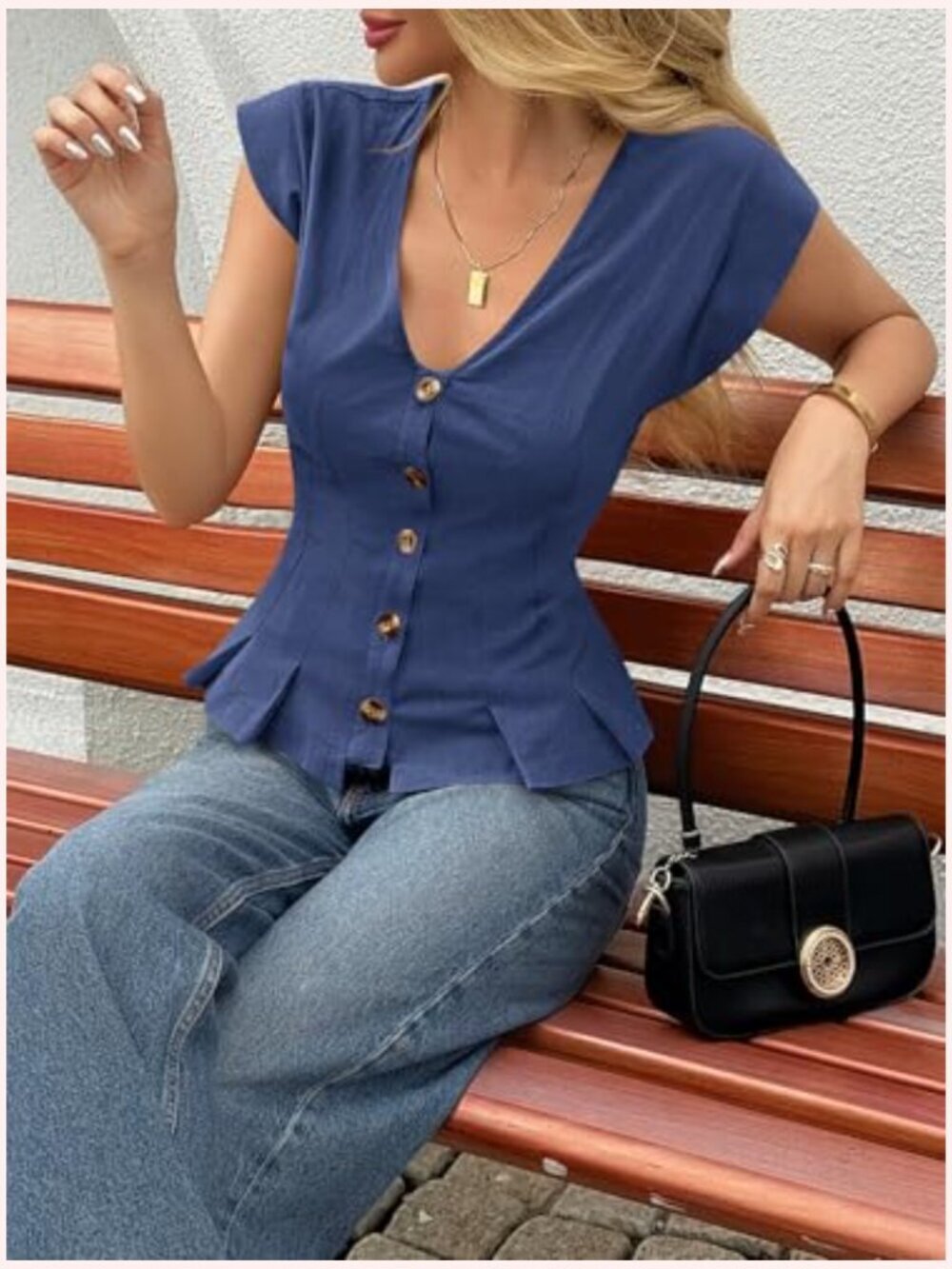 Deep V Neck Cotton Top with Cap Sleeves and Ruffle Hem - Fitted Blouse - Picture 5 of 7